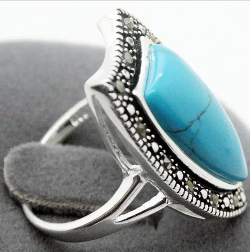 Fashion jewelry  wholesale good Real 26X14MM Blue Turquoises stone Marcasite 925 STERLING SILVER RING Size US 7 8 9