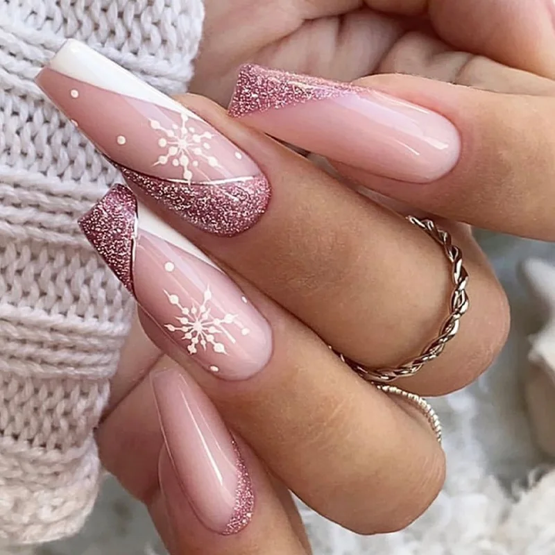 

24Pcs Fake Nails Christmas Long Trapezoid Romantic Pink Snowflake Instagram Style Press-On Nail Tips Perfect for Gift To Women