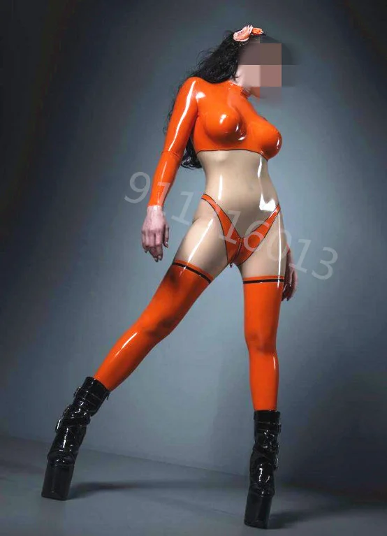 

Fancy latex catsuit skinny clothes high quality party costume Orange transparent stitching xs-xxl