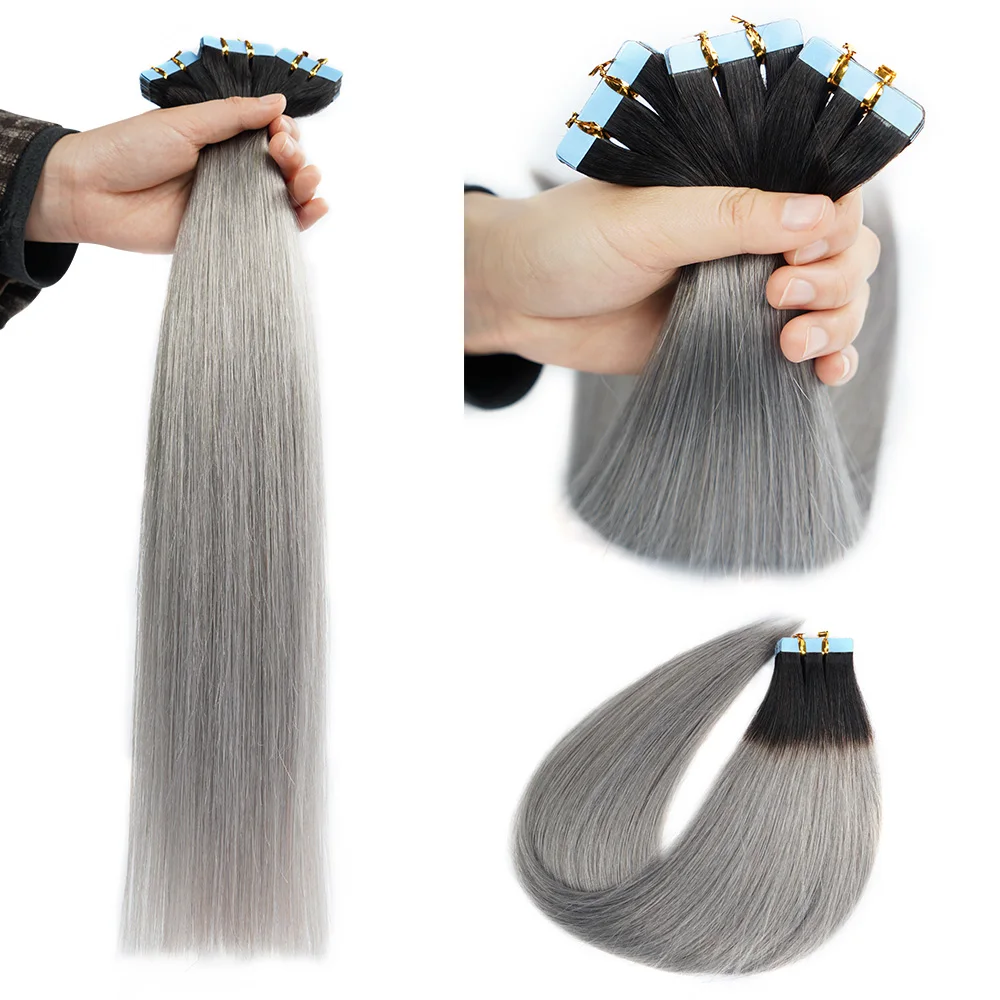 Doreen European 100% Real Human Hair Tape In Extensions 16 to 24  50g 2.5g/pcOmbre Black Silver Grey Hair PU Seamless Tape ins