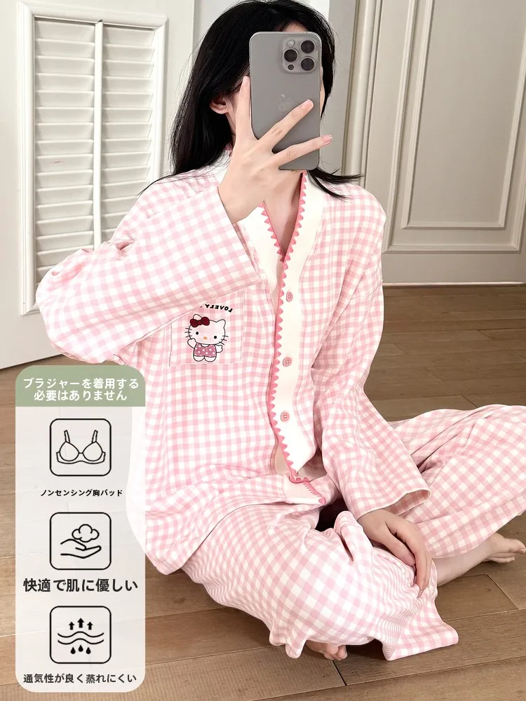 甘いスタイルの女性用パジャマセット、胸パッド付き、室内室外着用、秋冬ホームウェア、小さいサイズ、快適なパジャマ