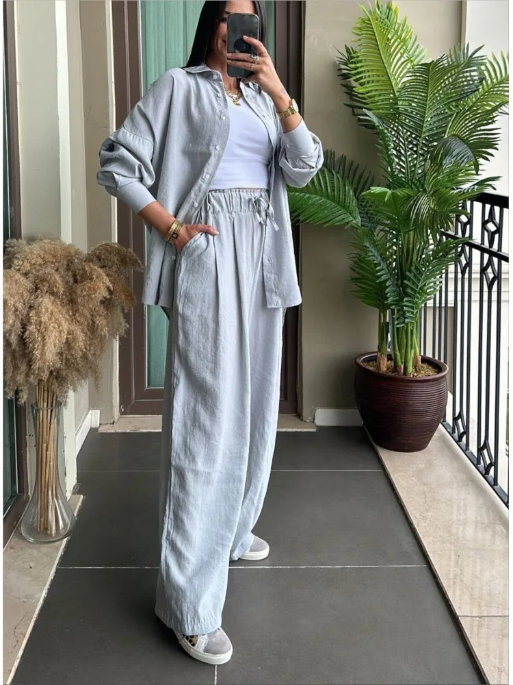 Conjunto informal liso de 2 piezas para mujer, camisa con botones de manga larga a la moda + pantalones de pierna ancha de cintura alta, trajes, ropa de oficina nueva