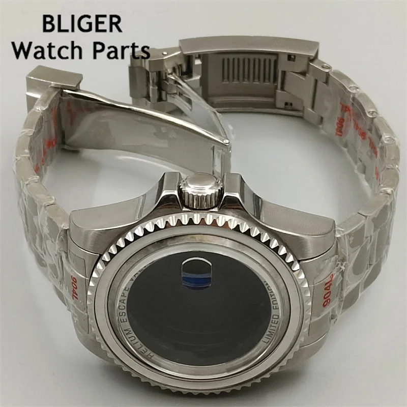 BLIGER 44mm silver watch case sapphire glass fit NH35 NH36 NH34 ETA2824 2836 Miyota8215 Mingzhu DG2813 3804 PT5000 movement
