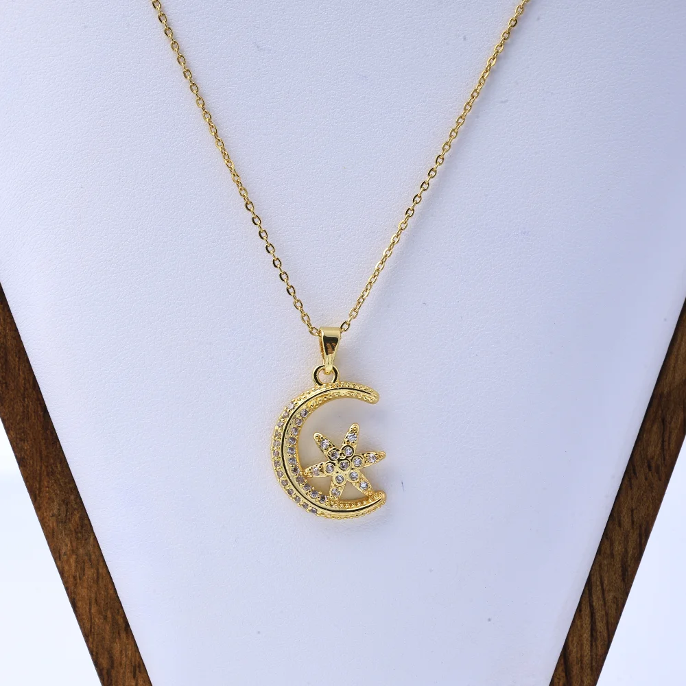 Beautiful Necklace for Women, Cross-Border Copper Micro-Inlaid Moon and Six-Pointed Star Design, Titanium Steel Fade-Resistant w