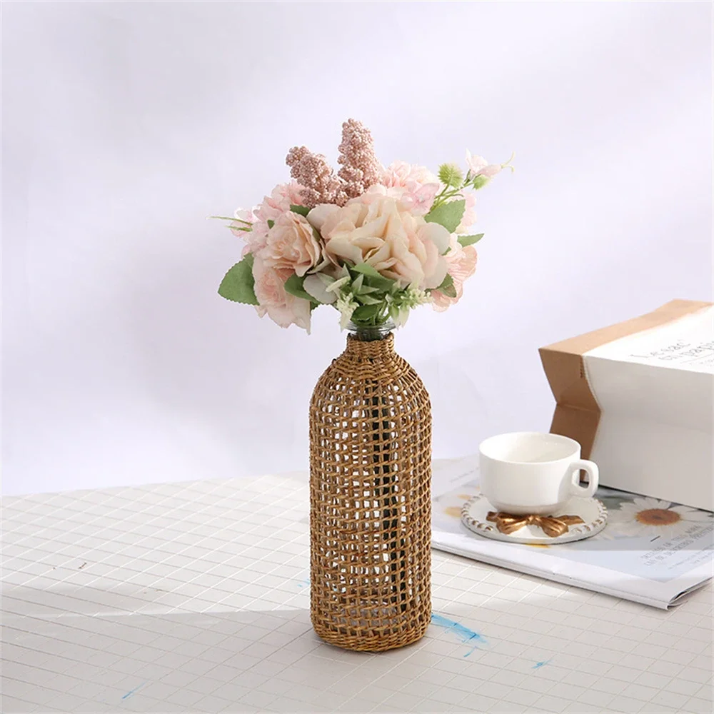 Nordic Rattan Flower Vase,Hand Made Nordic Glass Vase Decor,Desktop Dried Flower Arrangement,Home Decor Living Room Decoration