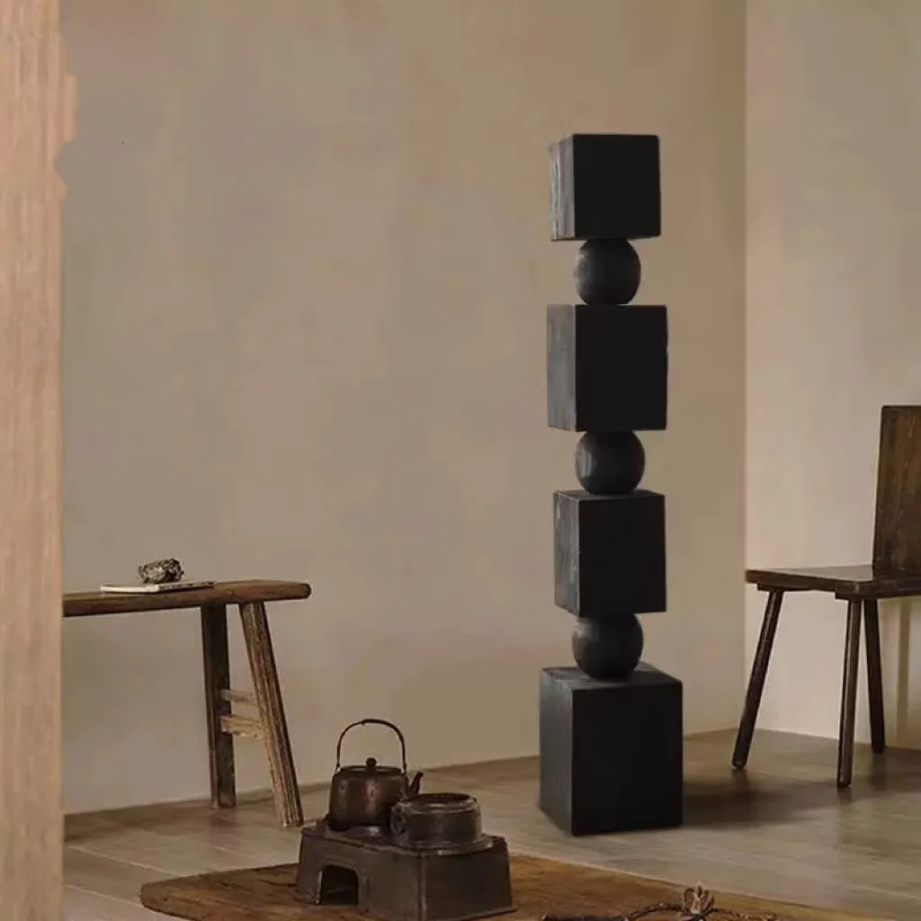 Carbonized solid wood abstract sculpture ornament Large floor-to-ceiling vertical height Slender column Entrance wood carving Ad