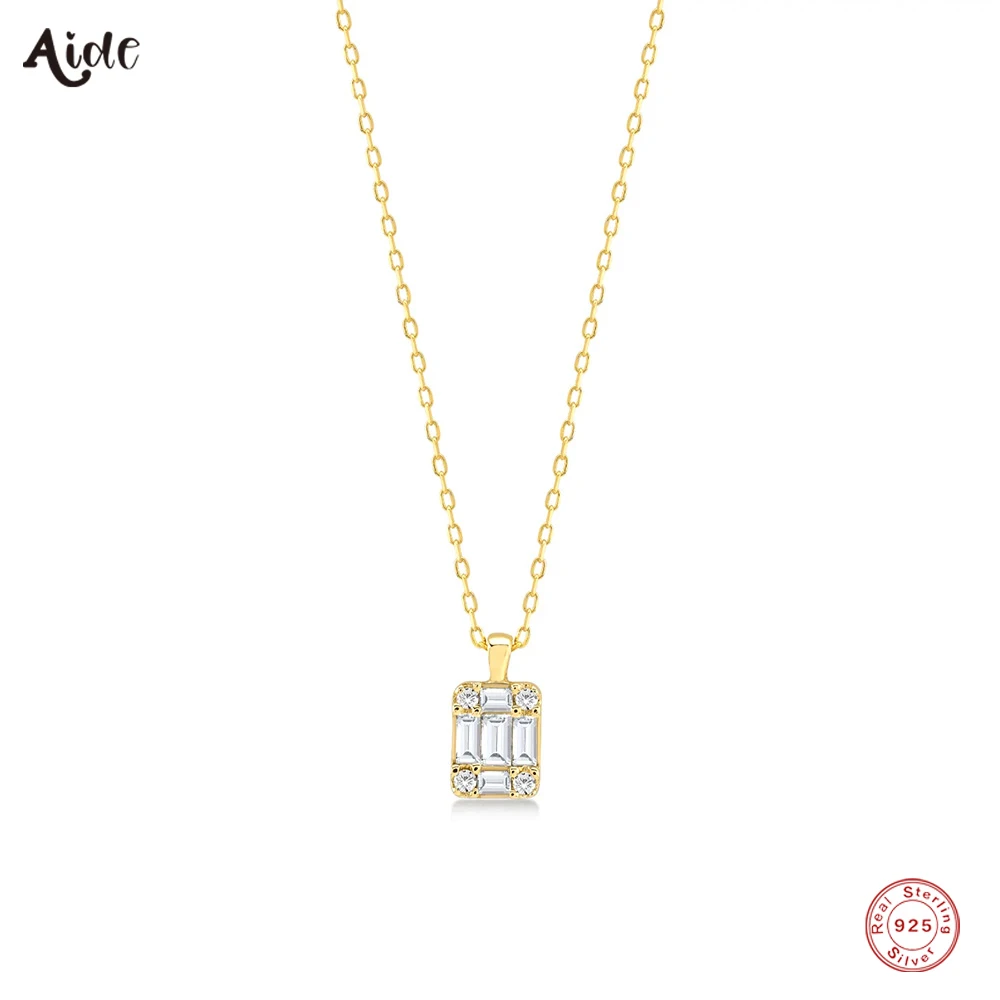 Aide 925 Sterling Silver Sparkling White Zircon Rectangle Pendant Necklaces For Women Minimalist Slim Stackable Clavicle Choker