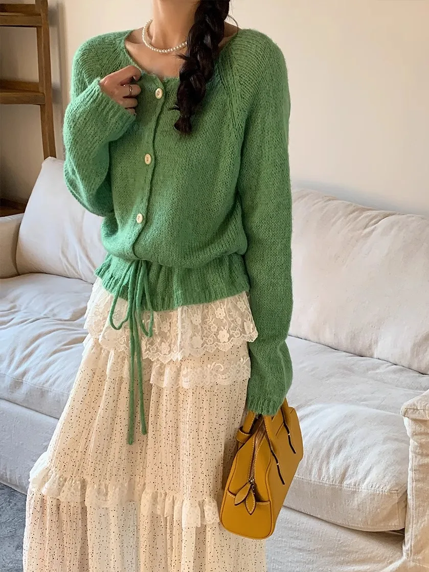 

Uniko Lace Splice Slim Fit Knitted Cardigan Sweet Sle Loose Version Long Sve round Ne ort Length Button up Spring Ca...