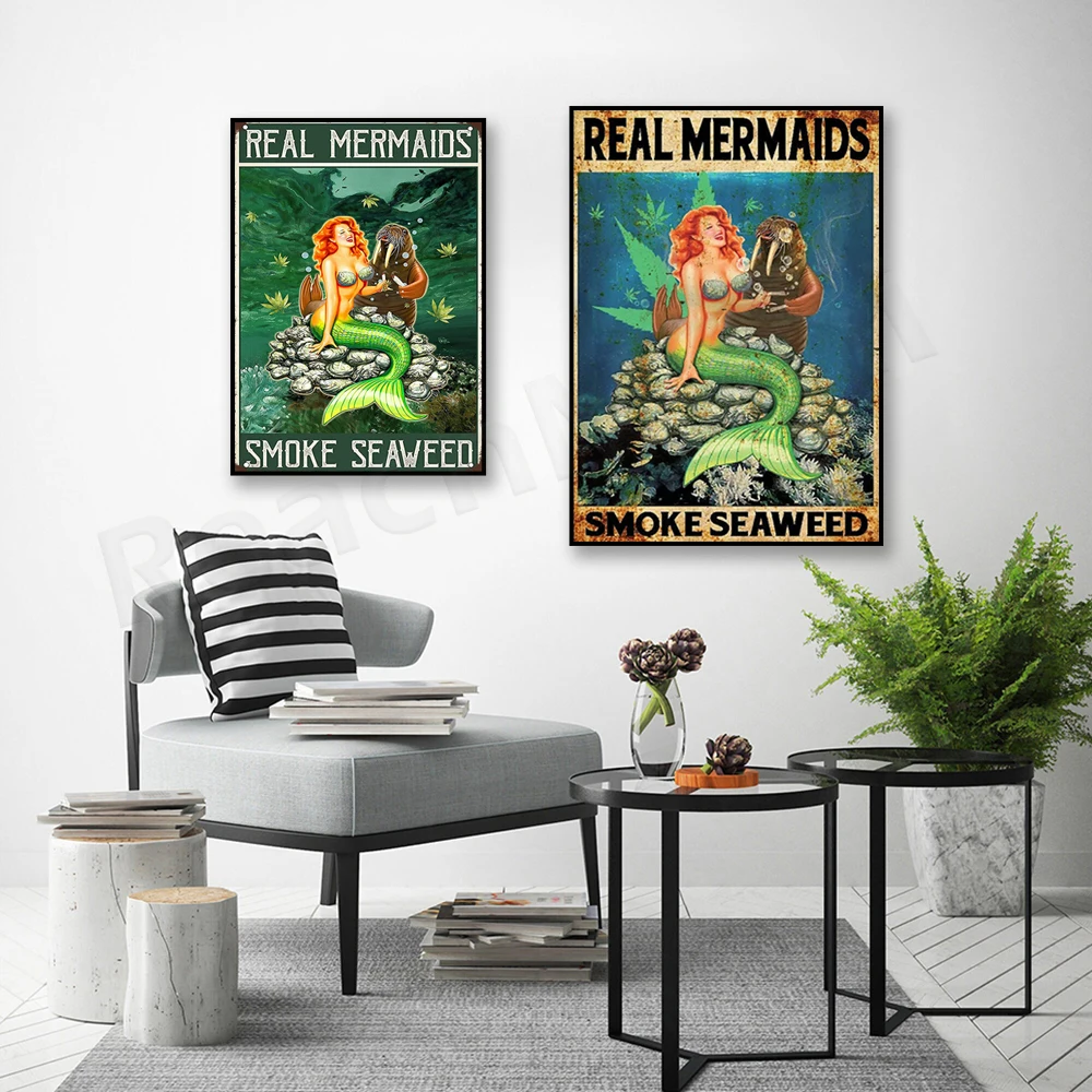 Real Mermaid Smoke Seaweed Poster, Mermaid and Stamp Print, Stoner Weed Canvas Wall Art Gift, Smoke Art Decor, Home Decor