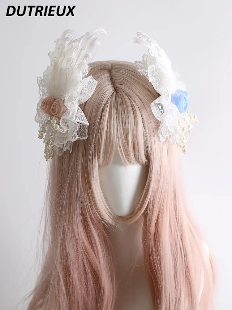 

Japanese Lolita Original Multicolor Wings Hair Band KC Bud Flower Ball Brooch Gorgeous Feather Top Hat Hair Accessories