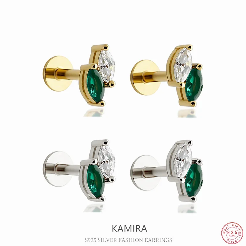 

KAMIRA настоящее серебро 925 пробы маленький зеленый циркон серьги-гвинты для пирсинга для женщин элегантные нежные простые ювелирные аксессуары