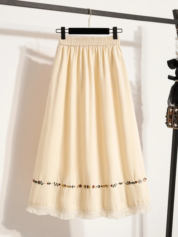 

Ele Embroidered A-Line Midi Skirt Ethnic Sle Full Flounce Summer plus Size Women's Faion High Waist Korean Version