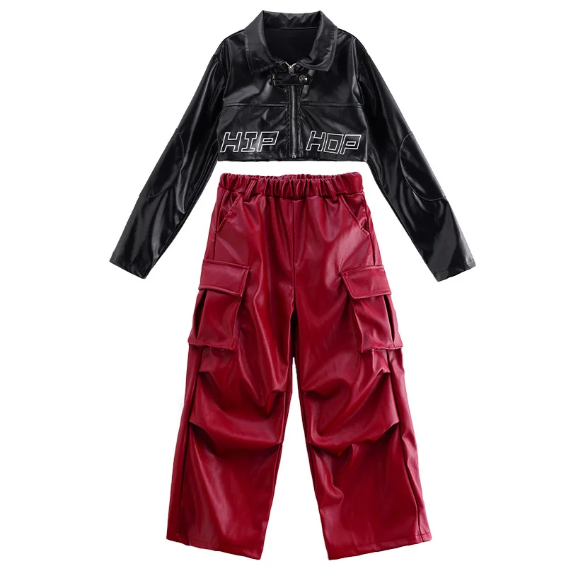 Kid Cool Hip Hop Clothing Black Faux Leather Jacket Crop Top Wine Red Casual Cargo Pants for Girls Jazz Dance Costumes Clothes