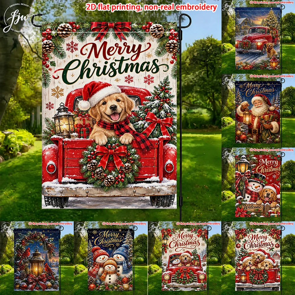 1pcs Christmas Garden Flags, Vintage Santa Truck Snowman Holiday Yard Flags for Outdoor Winter Xmas Decor