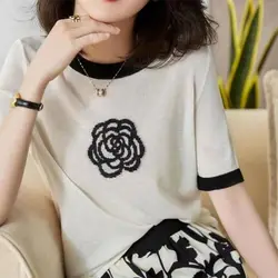 Ice Silk Short Sleeve T-shirt Women's Spring Summer Knitwear Camellia Sweater Thin Half Sleeve Embroidery Top