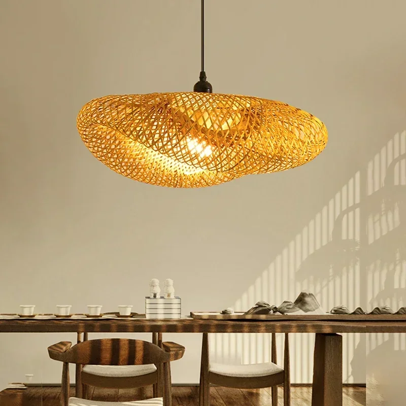 

Bamboo Weaving LED Pendant Light HandMade Vintage Home Hanging Chandelier Lighting Living Room Rattan Woven Pendant Lamp