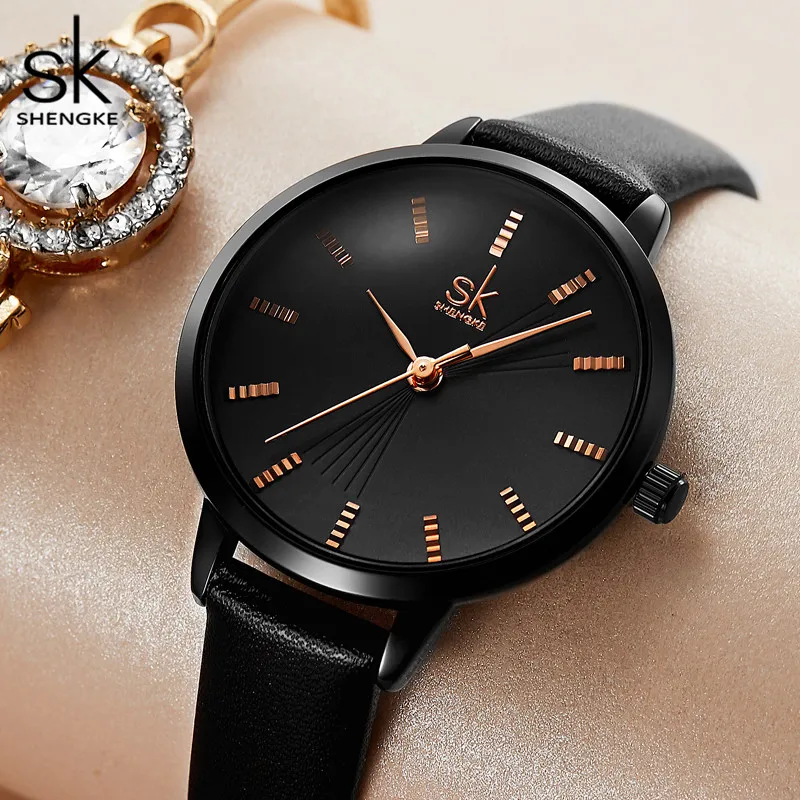 SHENGKE SK Top Luxury Women Watches Black Leather Strap Ladies Quartz Wristwatches Original Design Diamond Womans Clock Dropship