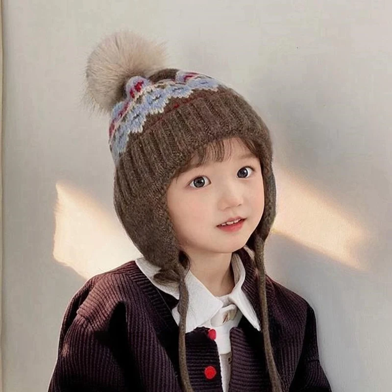 

Kids Knit Hat with Ear Flaps Winter Warm Pom Pom Beanie Ethnic Pattern 2-8Y Children Boys Girls Thermal Cap