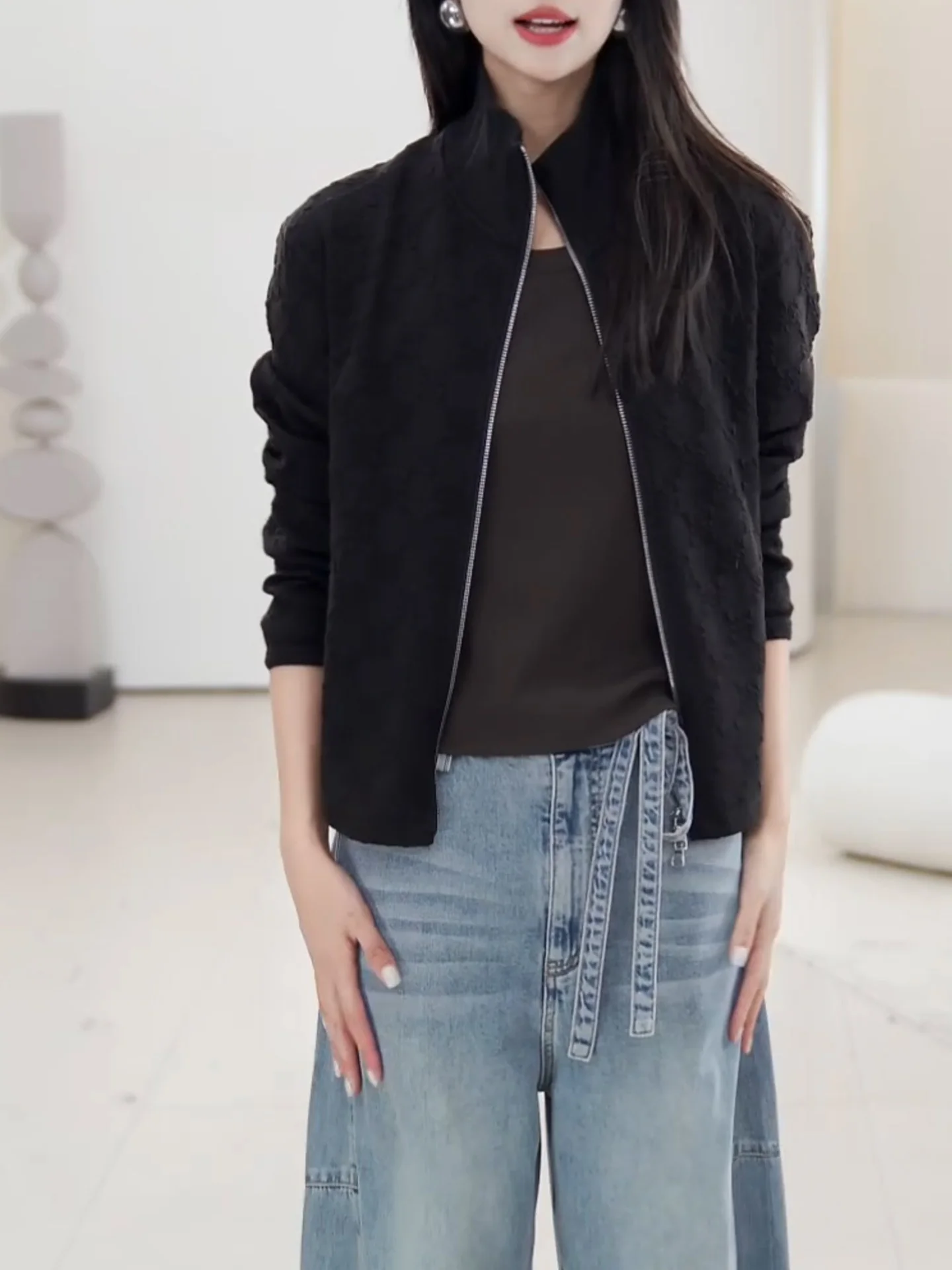 

Корейская уличная мода: женская куртка на молнии с воротником-стойкой, больших размеров, стройнящая фигуру, осенне-зимняя повседневная верхняя одежда