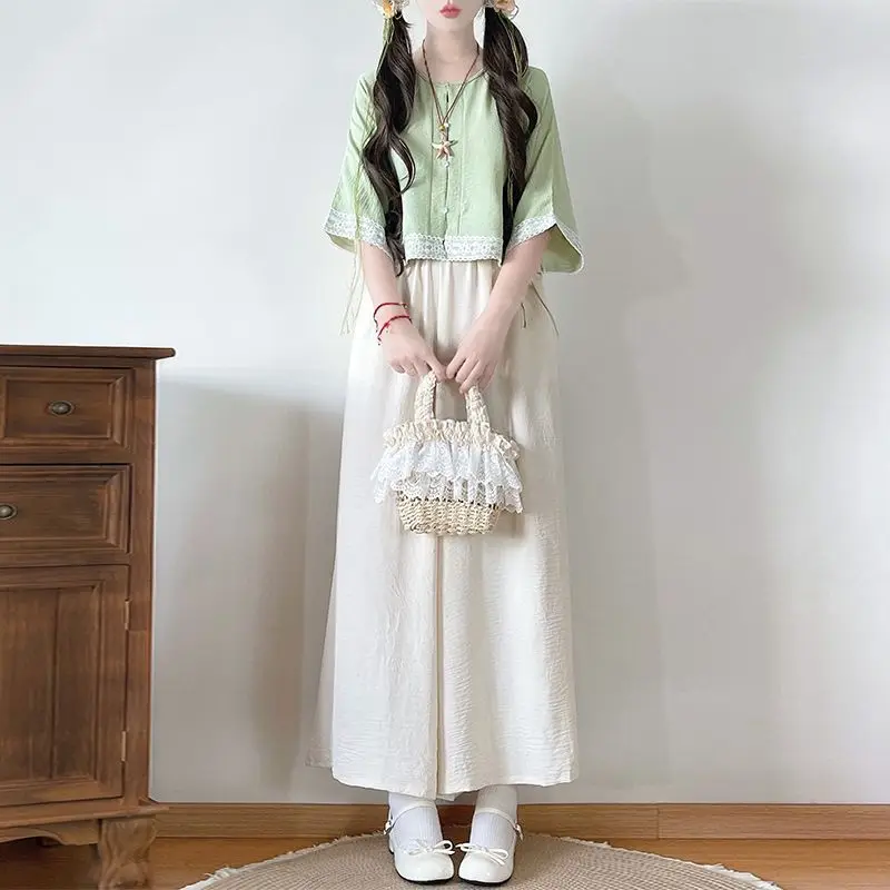 New Chinese Style Hanfu Set - Women's Round-collar Top + Song Dynasty Pants Modified Hanfu Dress Woman