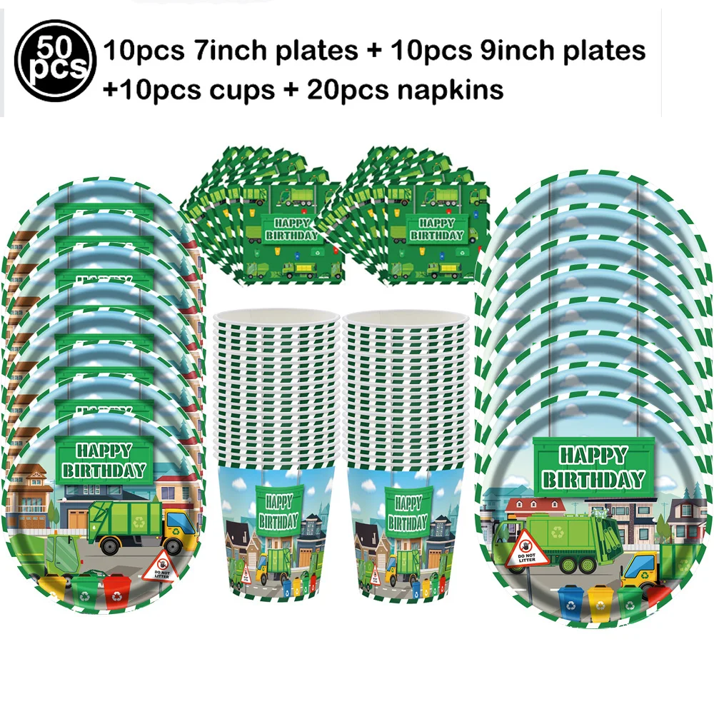 Garbage Truck Party Decor Happy Birthday Banner Balloon Cake Decor Disposable Tablecloth Trash Truck Themed Party Supplies