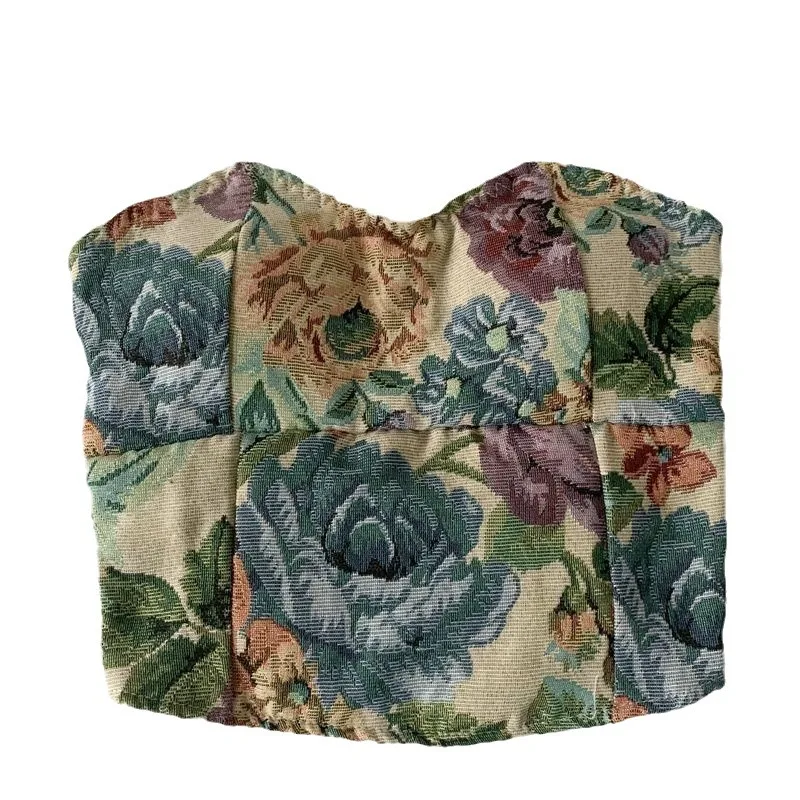 1 Piece Oil Painting Vintage Floral Bustier Tank Top Women with Bra Pads Outwear Beauty Back Wrap Backless Tops