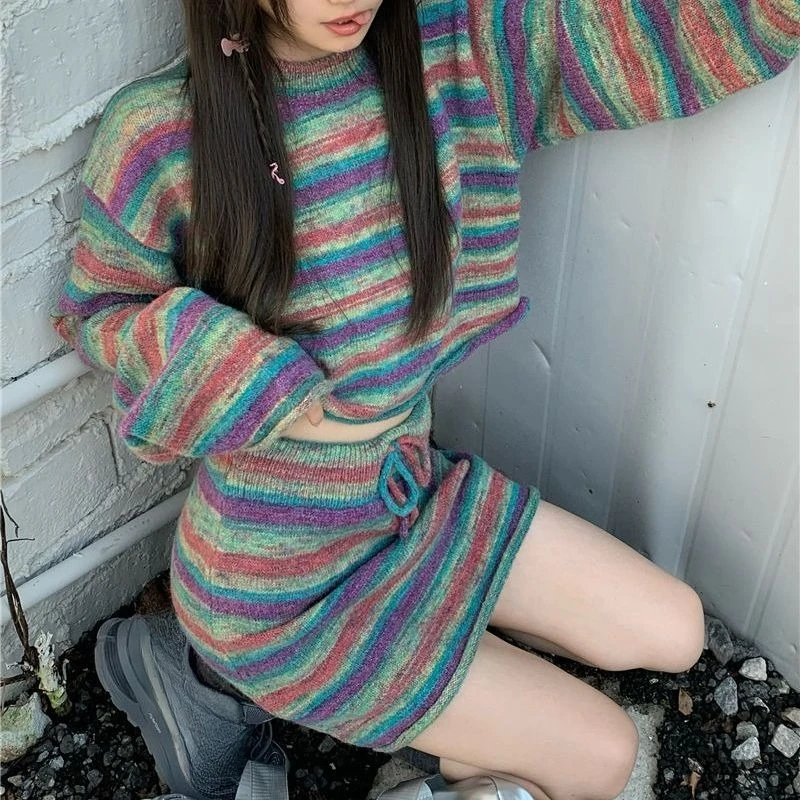 

Matakawa Knitted Sweaters Skirts Set Stripes Y2k Autumn Winter Two Pieces Sets for Woman Fashion Retro Conjuntos Femininos