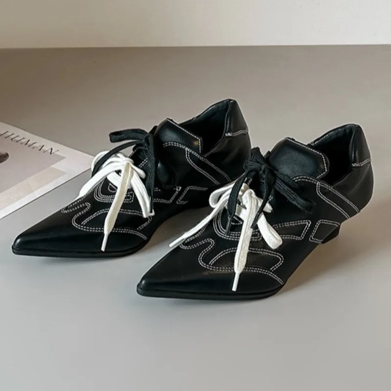 Unique Topstitching Detail Wedge Pumps for Women Fashion Lace-Up Pointed-Toe Design Sneakers Street-Style Commuter Office Shoes