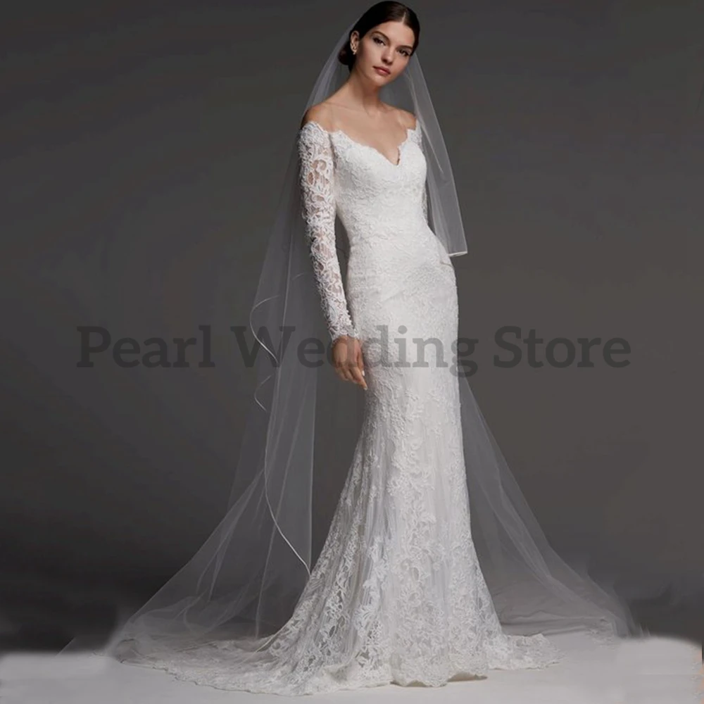 Eleganti abiti da sposa bianchi con scollo a v e pizzo a sirena a maniche lunghe illusione Sexy abiti da sposa semplici di alta qualità