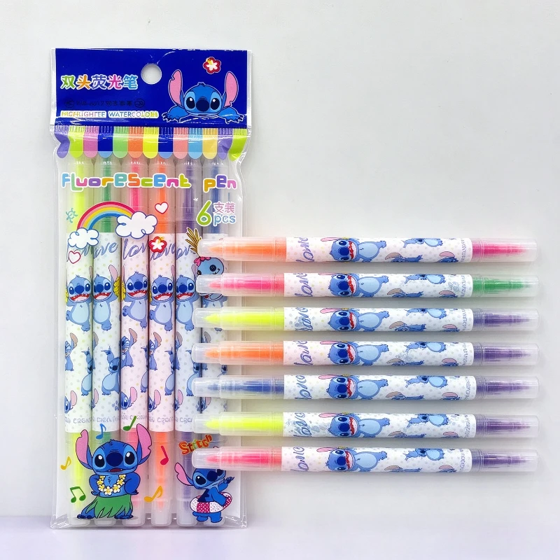 6pcs Disney Stitch Dual Head Highlighter, Cartoon Colored Marker, Student Note Taking Pen, Graffiti Marker, Office Supplies