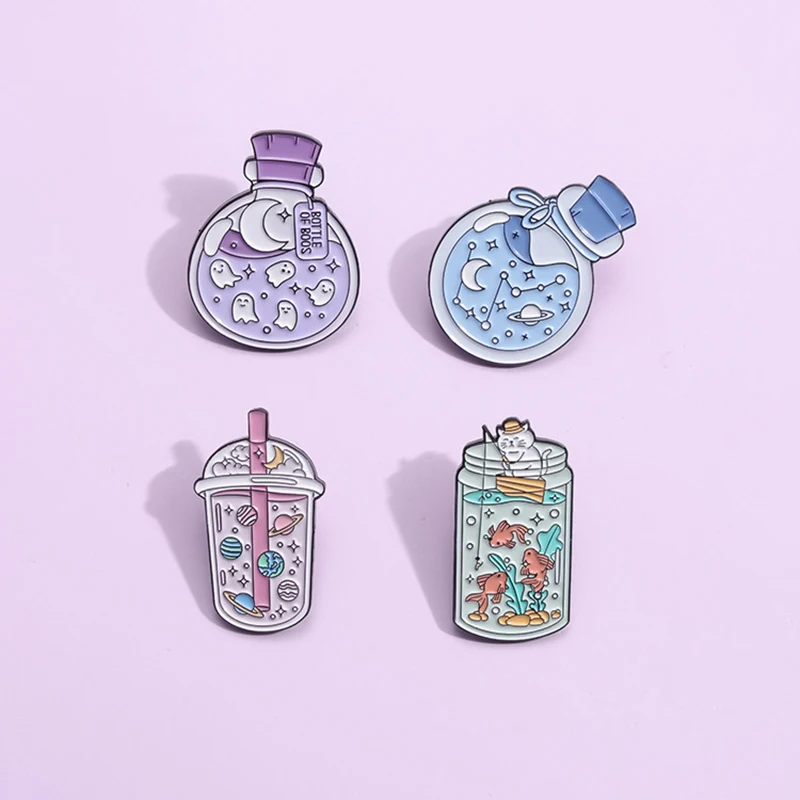 

Cartoon Aerospace Space Series Enamel Brooch Cute Drift Bottle Milk Tea Ghost Metal Badge Lapel Pins Jewelry Gifts For Friends