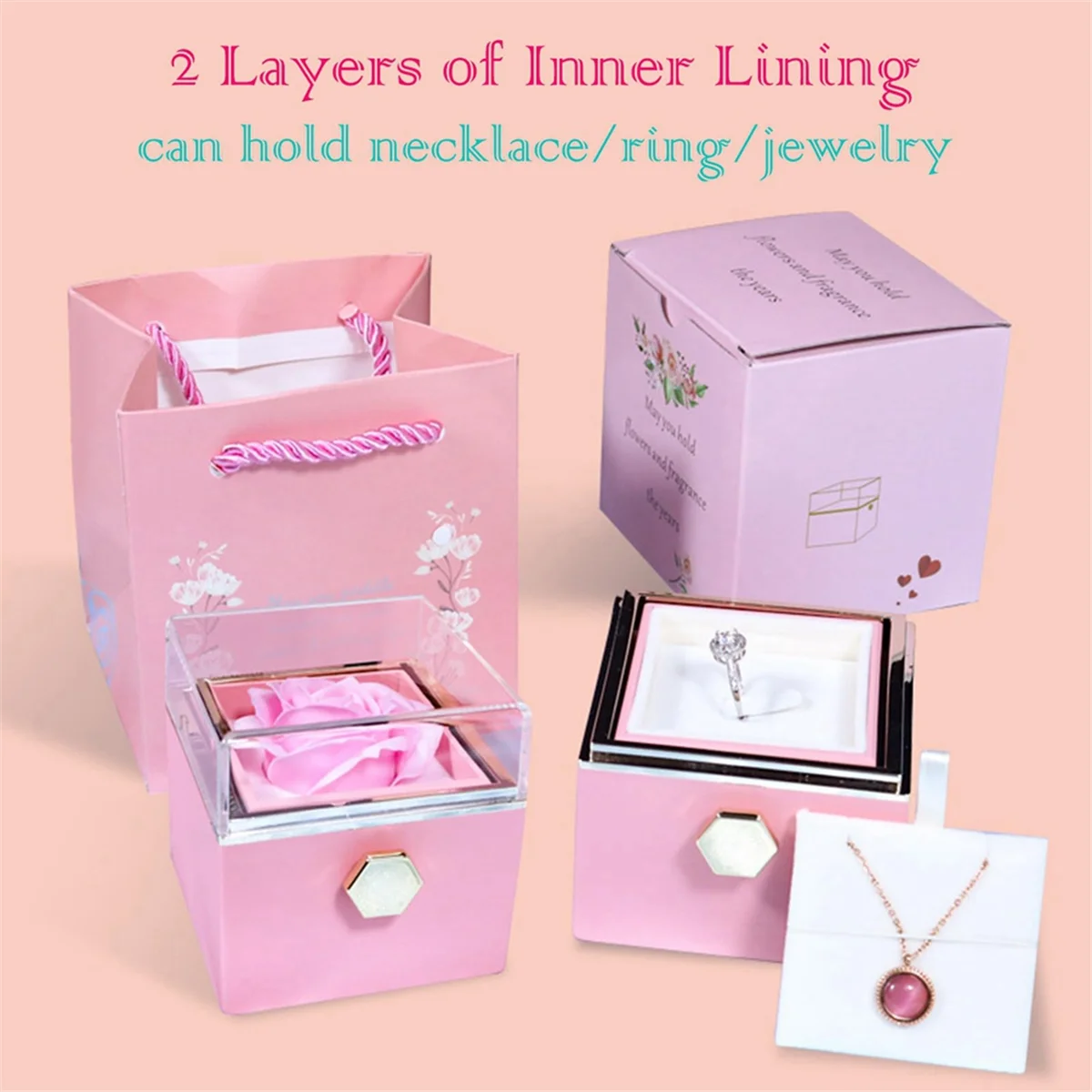 

Rose Ring Box Rotates 360° Velvet Jewelry Eternal Rose Box ,Pink