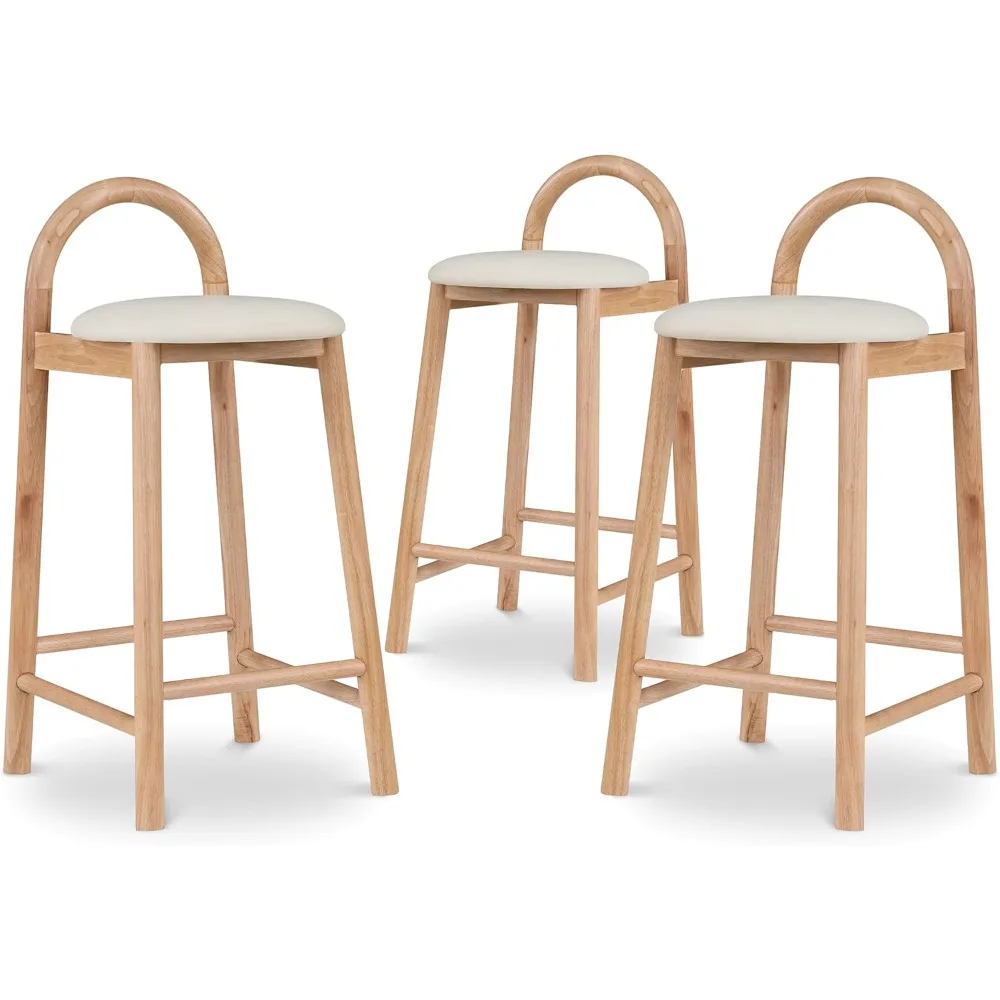 

mid-century modern stool in soft cream vegan leather with natural wood frame, 16.18" wide