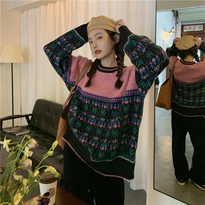Pull Jacquard tricoté ample à col rond pour femme, coupe rétro, manches longues, décontracté, mode coréenne, Style paresseux, automne/hiver