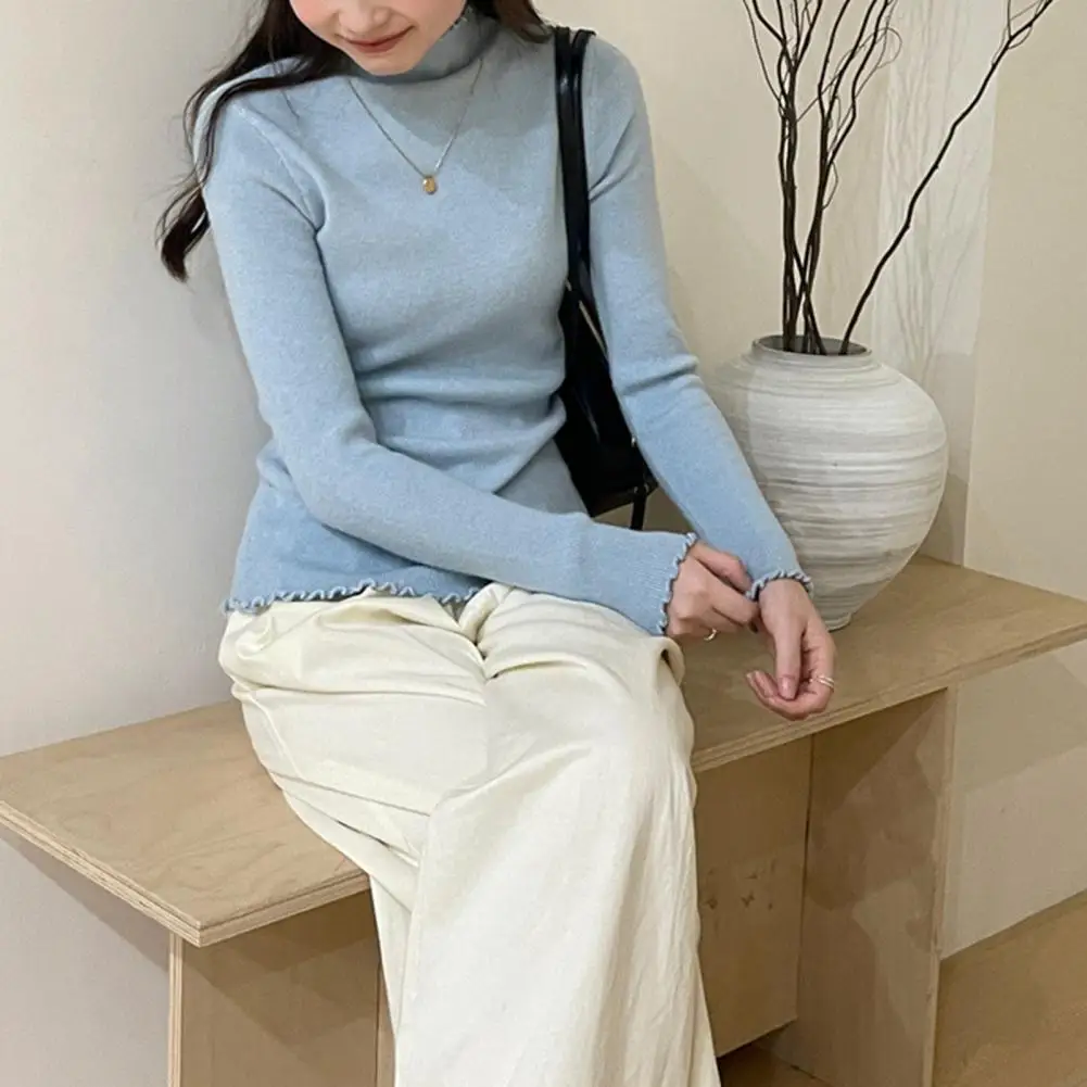 Women Casual Knitted Sweater Elegant Knitting Tops with Sheer Trim Half-high Collar Slim Fit Design Women's Long Sleeve for High