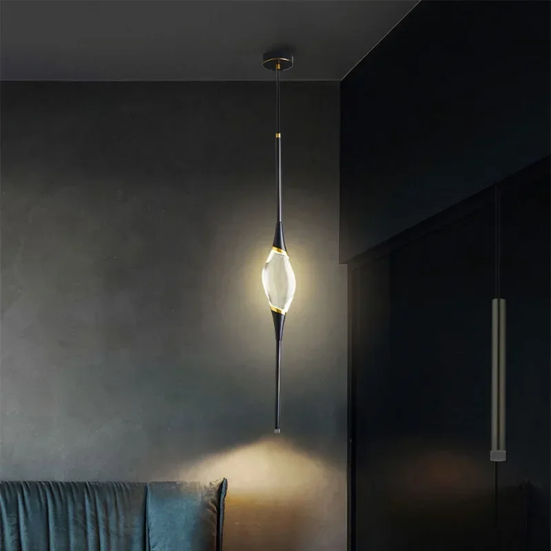 

Nordic Copper Panel Black / Golden Plated Rod Wire Hanging Light with Shiny Waterdrop Shape LED Crystal Droplight for Hall Mall
