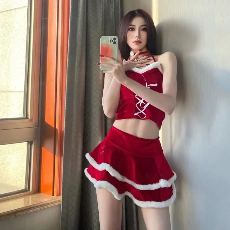 Tenue de Noël haut rouge sexy, jupe du père Noël, costume de cosplay, performance de fête de Noël, photosho18e, uniforme tentant PureDesire