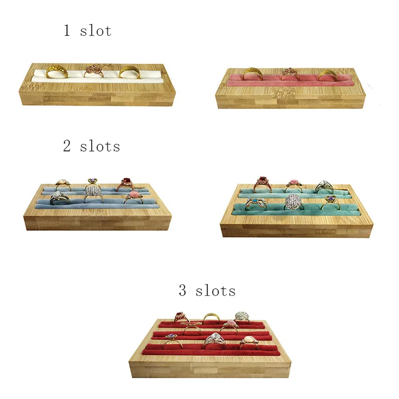 Bamboo Jewellery Display Trays 1/2/3 Solts Ring Earring Holder Quality Velvet Ring Groove 14.5*4.5Cm Rectangle Ring Organizer