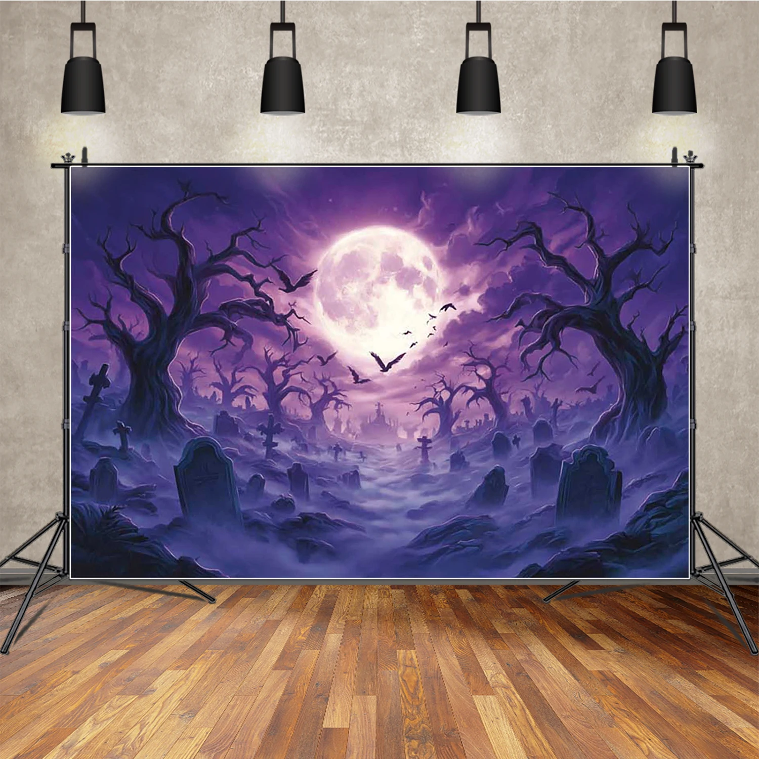 

MOON.QG Purple Halloween Photography Backdrop Withered Trees Bats Tombstones Backgrounds Photographs Photobooth Portrait Poster