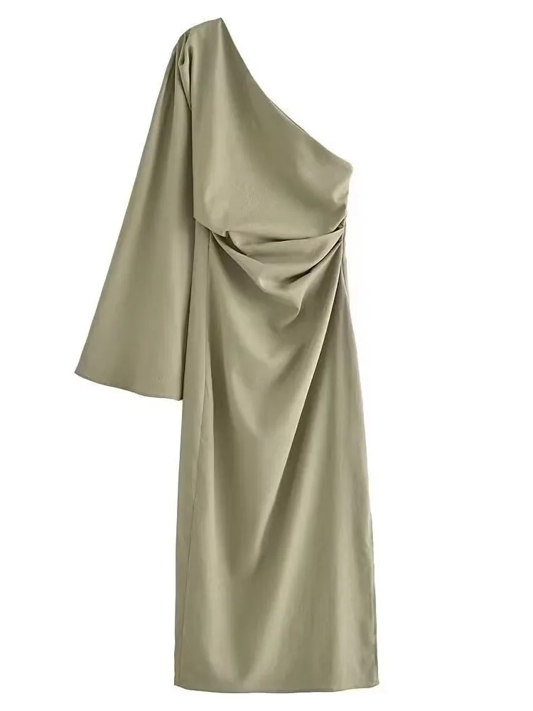 Vestidos sexis de manga larga con un hombro para mujer, vestido elegante con espalda descubierta y abertura lateral, vestido ajustado, moda de ocio, bata plisada para mujer