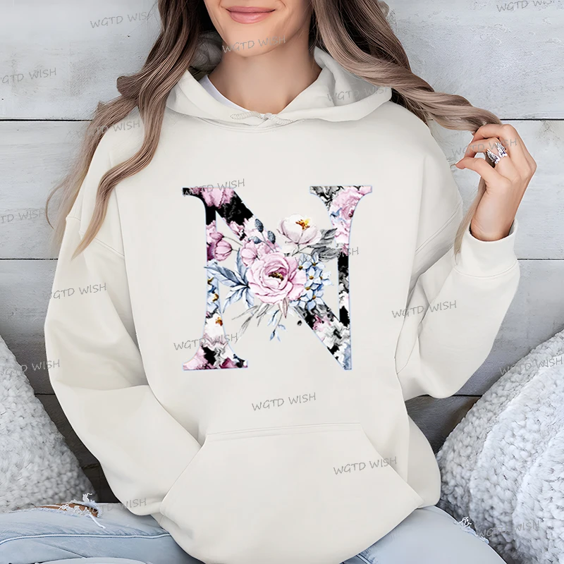 Aesthetic Rose Creative Alphabet Women Hoodie Spring Autumn Fashion 26 Initials Sportswear Long Sleeve Ladies Loose Sweatshirts