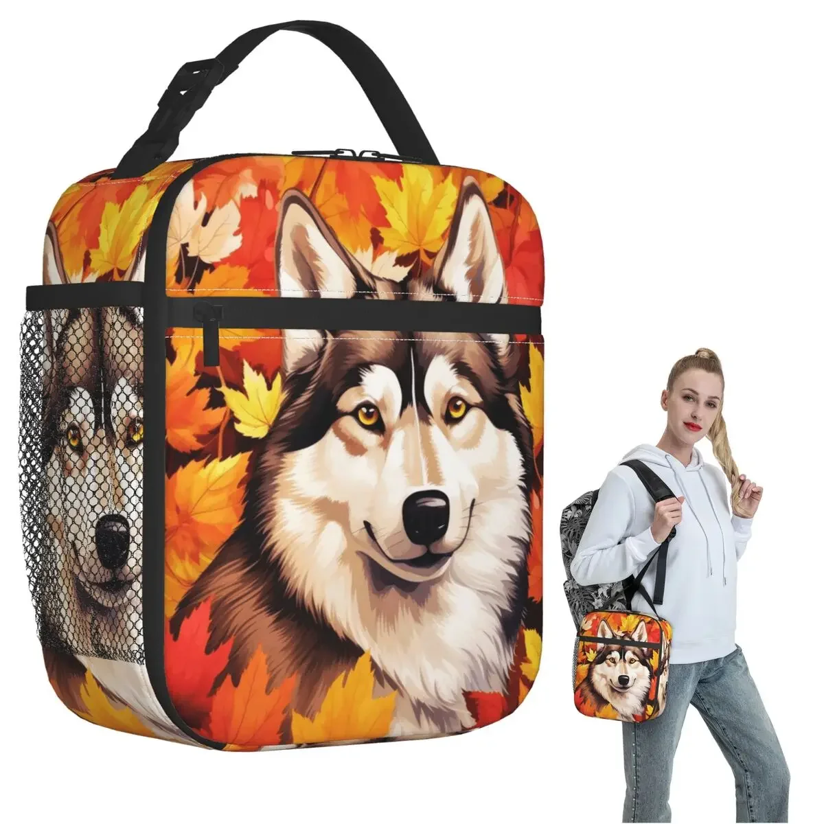 Autumn Fall Siberian Husky Dog Insulated Lunch Bag for Women Kids Portable Food Boxes Thermal Lunch Box Tote