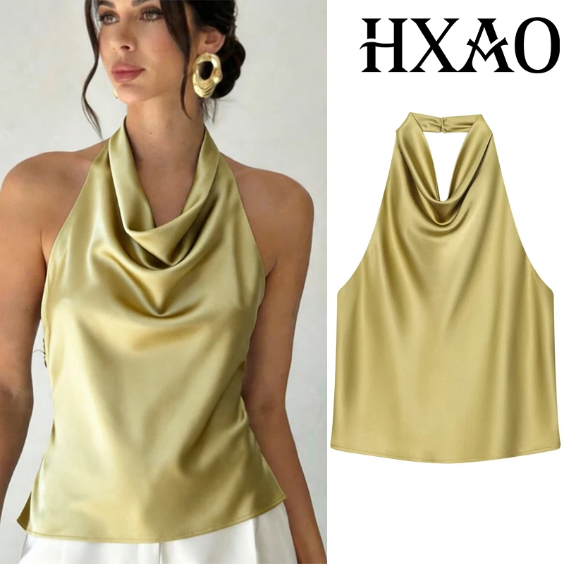 Image of HXAO Neckholder-Top für Damen, schulterfrei, Satin-Crop-Top, Damen-Sommer-Top, sexy, rückenfrei, Tank-Top, Party-Top, Y2K-Ästhetik, Camisole
