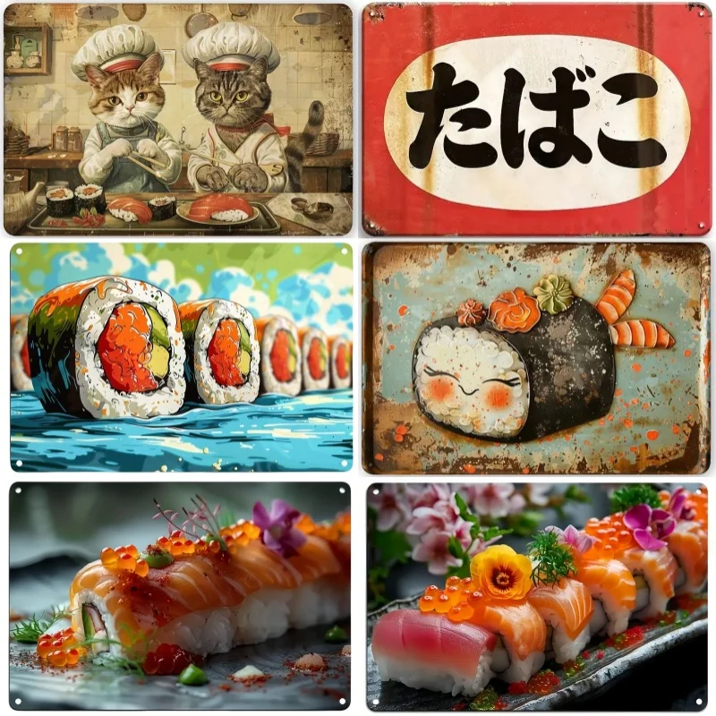 Vintage Metal Tin Poster Japanese Sushi Cat Metal Tin Signs Posters Plate Wall Decor for Bars Cafe Clubs Retro Posters Plaque