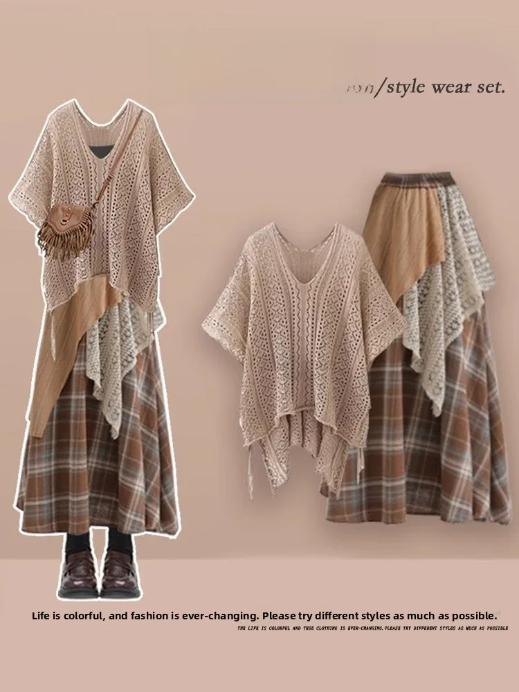 

Women's Hollow out Baja Sle Tee Piece Set Spring Summer Plaid Skirt V Ne ort Sve Faion Ensemble