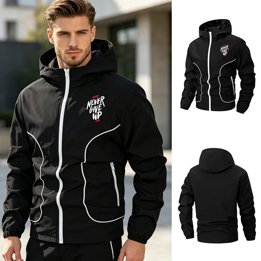 Men's Inspirational Slogan Printed Zippered Hooded Jacket With Windproof Multi Zippered Pockets Outdoor Fitness Sportswear