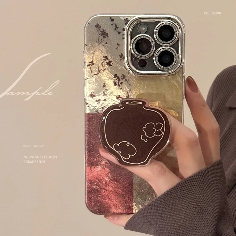 Luxury Retro Ins Korean Splicing Grid Plum Blossom Vase Holder Phone Case For IPhone 16 15 14 13 Pro Max 16 15 12 11 Pro Cover