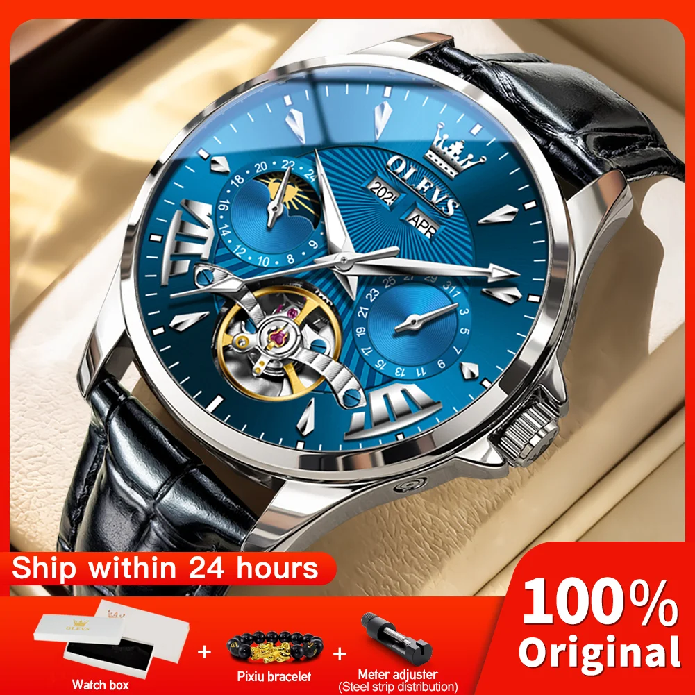 

OLEVS 7103 Mechanical Movement Watch Men Leather Strap Calendar Window Moon Phase Night Light Function 30m Waterproof Men Watch
