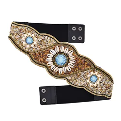 Retro Rice Bead Shell Popular Wide Waistband for Women Ethnic Elastic Belt Party Birthday Gift Accessories