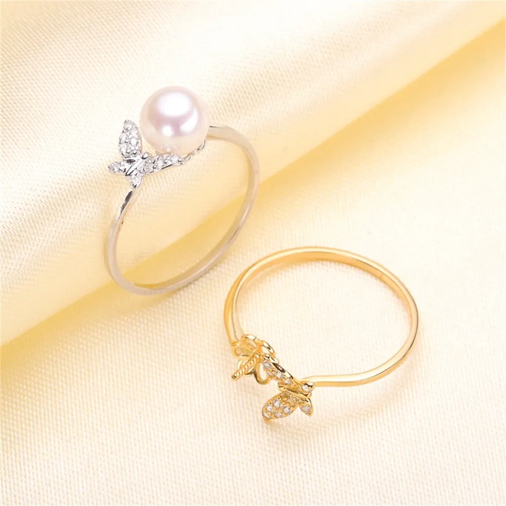 

DIY Pearl Ring Accessories S925 Silver Adjustable Pearl Jade Ring Set Butterfly Style Fit 5-7mm Round Flat Beads Z127